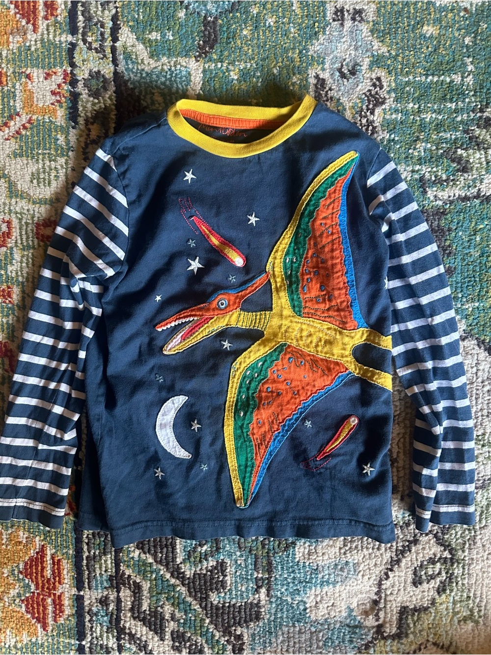 Mini Boden Navy Long-Sleeve Top with Multicolor Pterosaur Appliqué